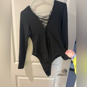 Victoria's Secret Bodysuit Large Black Lace Up Long Sleeve